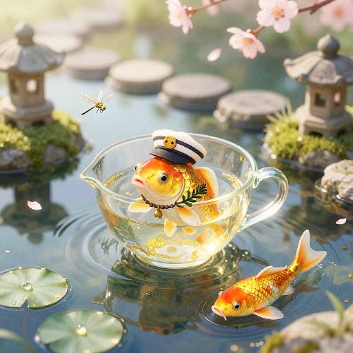Golden Koi Fish in Glass Teacup on Koi Pond