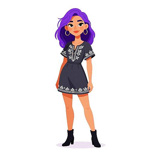 Digital illustration of a cute, young woman with purple hair, wearing a black dress with white floral embroidery, black ankle boots, and large hoop earrings,