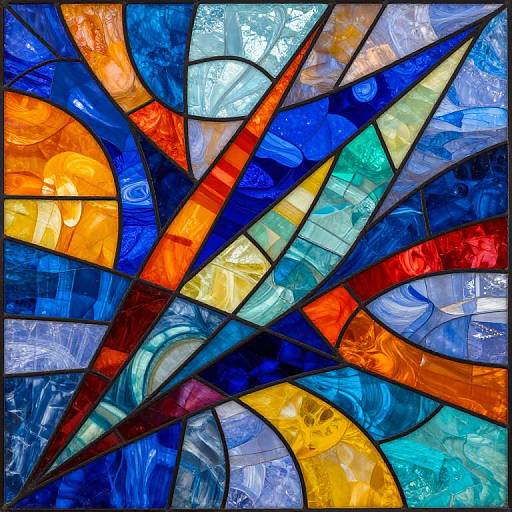 Vibrant stained glass artwork with swirling patterns of blue, orange, red, yellow, and white glass pieces, creating a dynamic sunburst effect.
