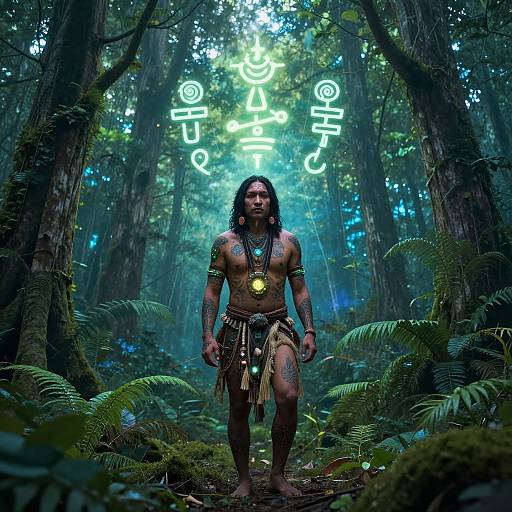 Photograph of a tattooed, muscular, shirtless Native American man with long black hair, standing in a dense, illuminated forest, wearing a lo