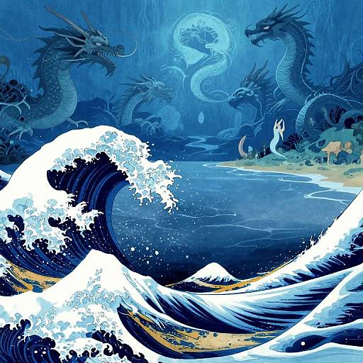 Digital art of a mystical ocean scene with blue dragons, swirling waves, and a ghostly sea serpent, set against snowy mountains.
