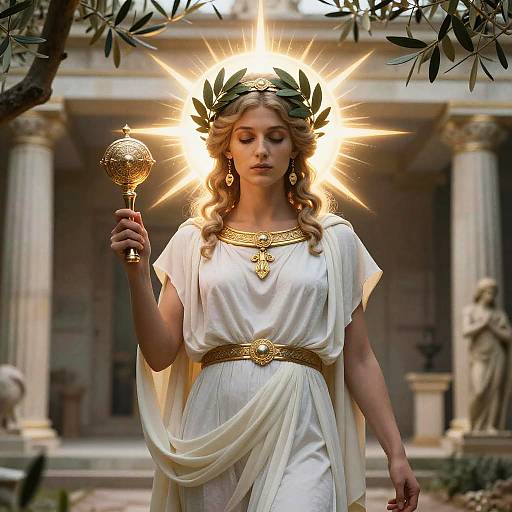 Photograph of a blonde woman with a radiant halo, wearing a white toga, golden crown, and holding a staff, standing in front of a
