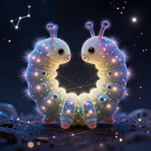 Digital art of two glowing, fluffy, caterpillar-like creatures with antennae, surrounded by twinkling stars and constellations, standing on a rocky