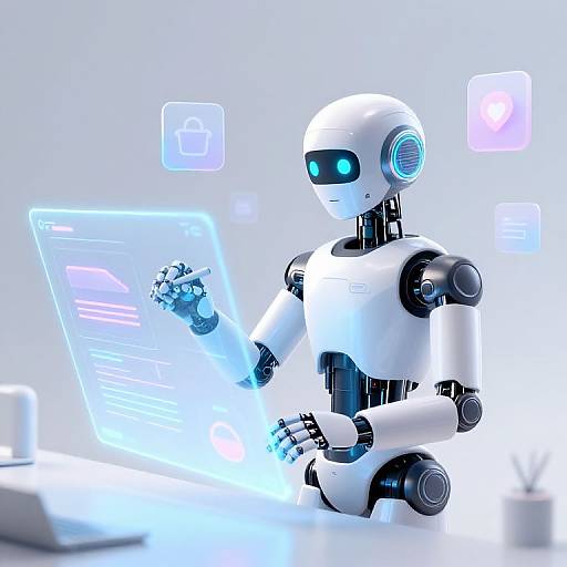 Digital CGI of a white and black humanoid robot with glowing blue eyes, using a holographic interface, surrounded by neon icons.