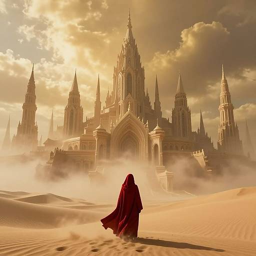 Crimson Cloak Before Dreamlike Spires