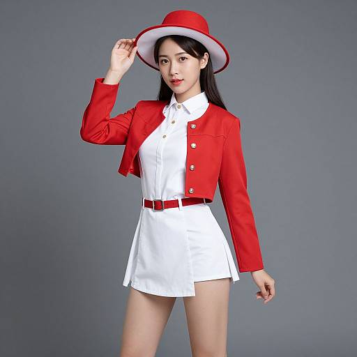 Photograph of an Asian woman in a red jacket, white skirt, and matching red hat, adjusting her hat against a gray background. She has long