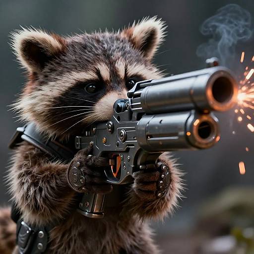 Photograph of a furry raccoon holding a dual-barrel black gun, firing with sparks, wearing a tactical harness, against a blurred forest background.