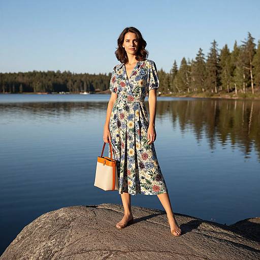Photograph of a woman with wavy brown hair in a floral dress, standing barefoot on a rock by a calm lake, holding a beige and