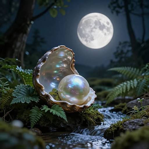 Photograph of a shimmering iridescent pearl shell with two pearls, illuminated by a glowing full moon, in a dark, mystical forest with a