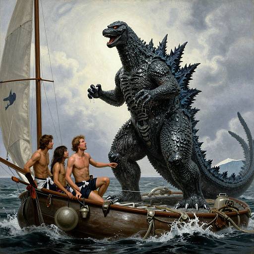 Digital artwork: Three shirtless men in a small sailboat with a towering, roaring Godzilla on the waves under a cloudy sky.