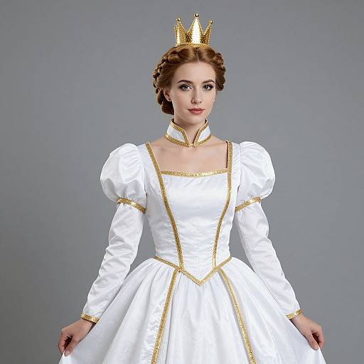 Photograph of a fair-skinned woman with brown hair in a white, puffed-sleeve princess dress, gold crown, and choker,