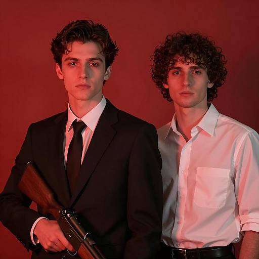Two Serious Men in Red Light with Rifle