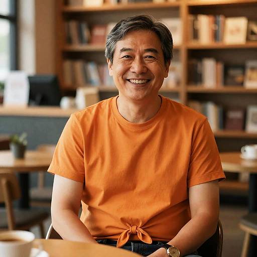 Middle-aged man in orange cropped top at bookstore cafe