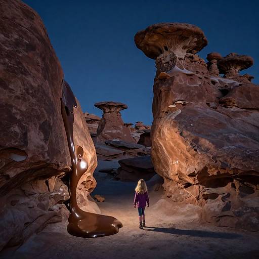 Photograph of a blonde woman in a purple jacket walking through a lit, rocky canyon at dusk, surrounded by large, mushroom-shaped sandstone formations under