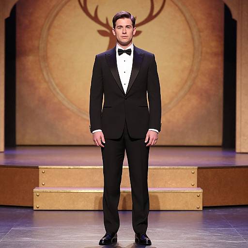 Photograph of a young Caucasian man with short brown hair, wearing a black tuxedo with a white shirt and black bow tie, standing on a