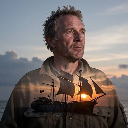 Photograph of a middle-aged man with gray hair and stubble, wearing a brown shirt, superimposed with a sunset silhouette of a sailing ship