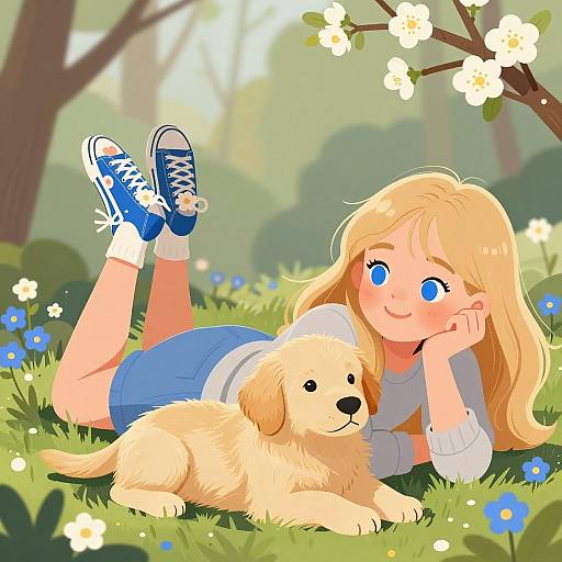 Whimsical Scene of Girl and Puppy