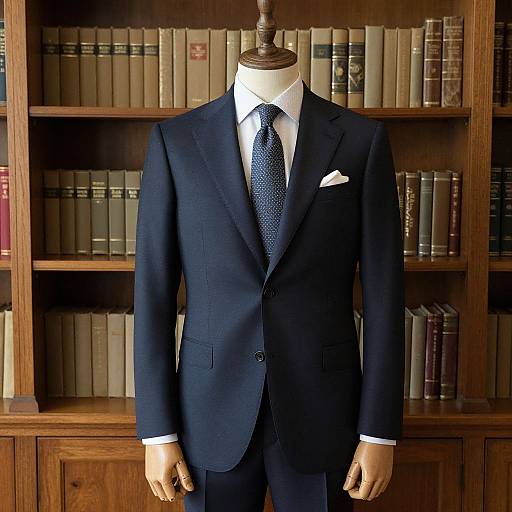 Photograph of a headless mannequin in a navy blue suit with a white shirt, black polka dot tie, and white pocket square,