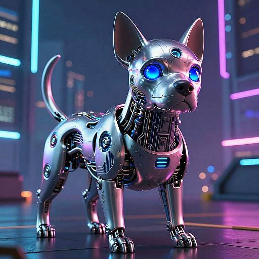 Photorealistic CGI of a shiny, silver robotic Chihuahua with glowing blue eyes, standing on a neon-lit futuristic floor.