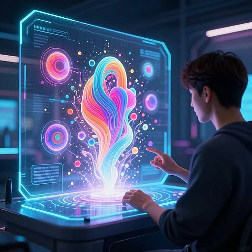 Photorealistic CGI of a man with curly brown hair, in a dark hoodie, interacting with a glowing, futuristic holographic display. Neon colors and