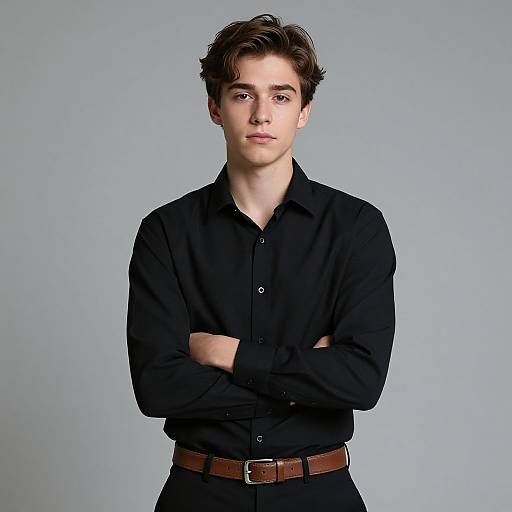 Photograph of a young Caucasian man with tousled brown hair, wearing a black button-up shirt and black pants, with arms crossed, standing against a