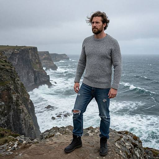 Photograph of a rugged, bearded man with messy brown hair, wearing a gray knit sweater, ripped blue jeans, and black boots, standing on