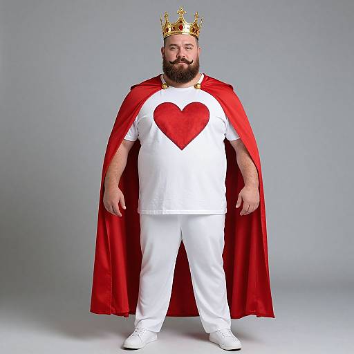 Photograph of a bearded man with a full beard, wearing a gold crown, red cape, white shirt with a red heart, white pants,