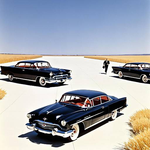 Vintage Cars and Man on Highway