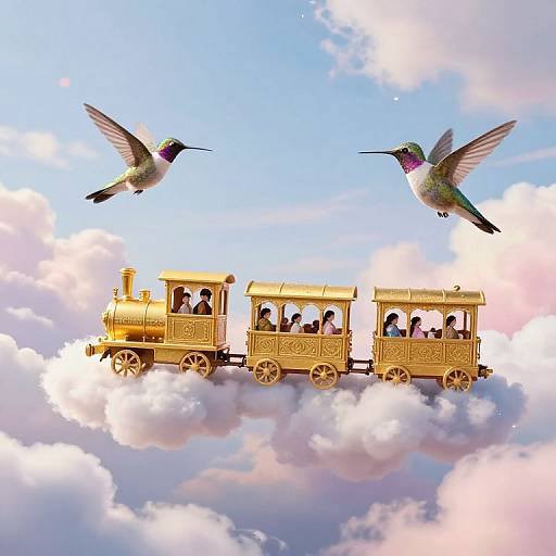 Whimsical Golden Train Through Ethereal Skies