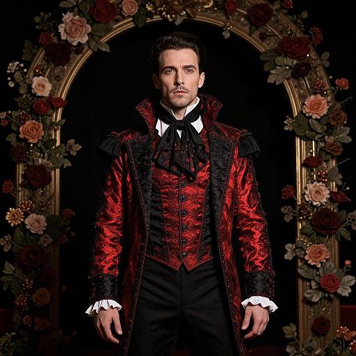 Photograph of a handsome man with short dark hair, wearing a red and black ornate Victorian-style suit, standing in front of a floral archway