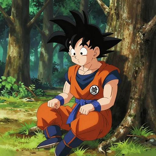 Melancholic Goku in Forest Clearing