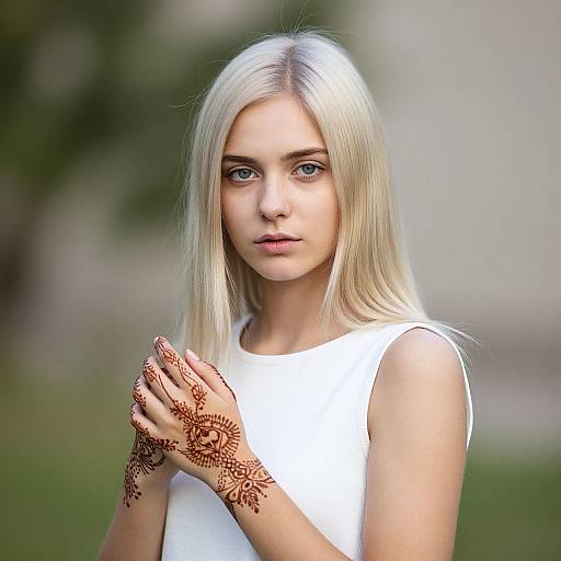 Photograph of a young woman with long, platinum blonde hair, blue eyes, and fair skin, wearing a white sleeveless top, with intricate brown