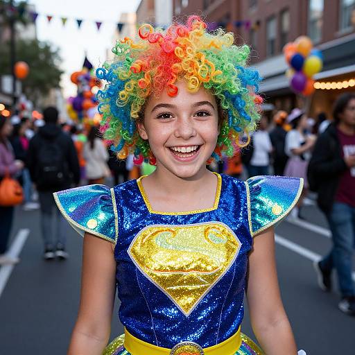 Photograph of a smiling young girl with rainbow curly wig, blue sequin top with yellow heart, standing in a bustling street parade. Balloons