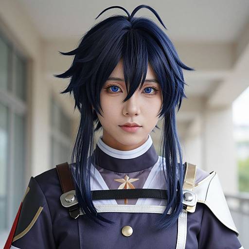 Photograph of an Asian cosplayer with blue hair, blue eyes, wearing a black and white military-style outfit, standing indoors.