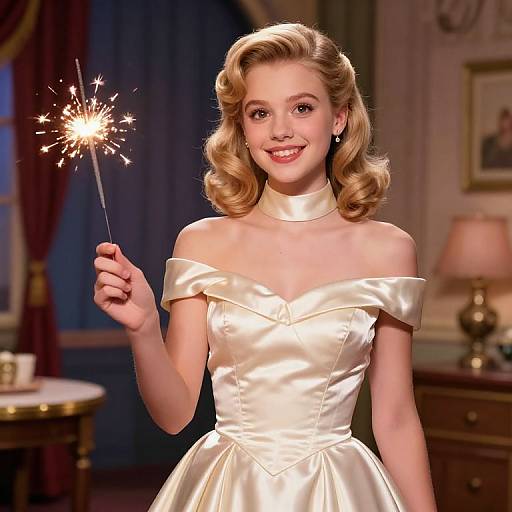 Blonde woman with curled hair, smiling, holds sparkler, wears off-shoulder satin white dress, elegant room with lamp, curtain, and
