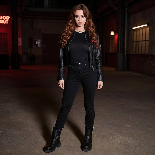 Photograph of a confident woman with long brown wavy hair, wearing a black leather jacket, black top, pants, and boots, standing in a