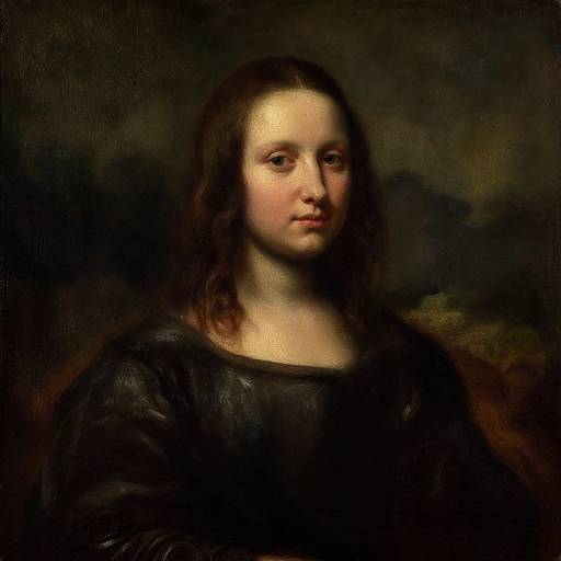 Baroque-style oil painting of a young woman with fair skin, brown wavy hair, and dark dress, set against a dark, shadowy background