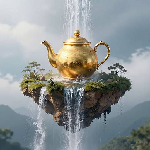 Digital artwork: A golden teapot hovers on a mossy rock island, surrounded by waterfalls, with trees and mountains in the misty background