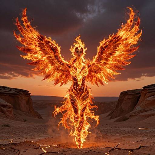 Divine Phoenix Goddess Soaring at Sunset