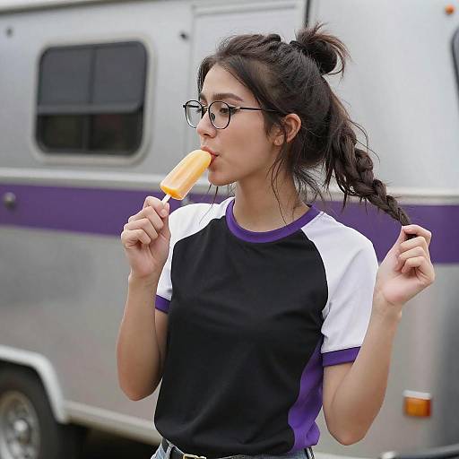 Young Woman Licking Popsicle Outdoors