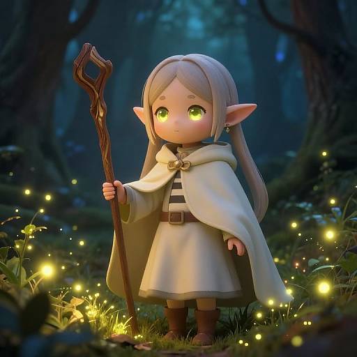 CGI image of a cute, green-eyed elf child with long silver hair, wearing a white cloak and holding a staff, surrounded by glowing fireflies