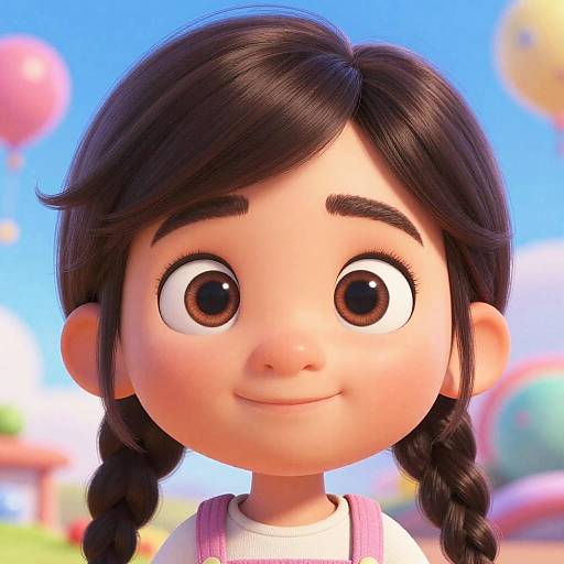 Digital 3D cartoon of a smiling young girl with large brown eyes, dark braided hair, wearing a white shirt and pink backpack, against a