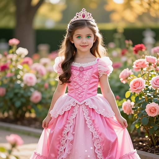 Photograph of a young girl with green eyes, long brown hair, and a pink lace princess dress, wearing a tiara, standing in a sun