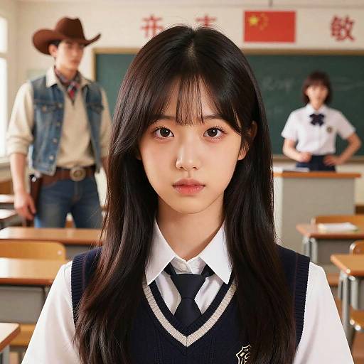 Photograph of an Asian schoolgirl with long black hair, wearing a white shirt and black sweater, standing in a classroom with two blurred male students in