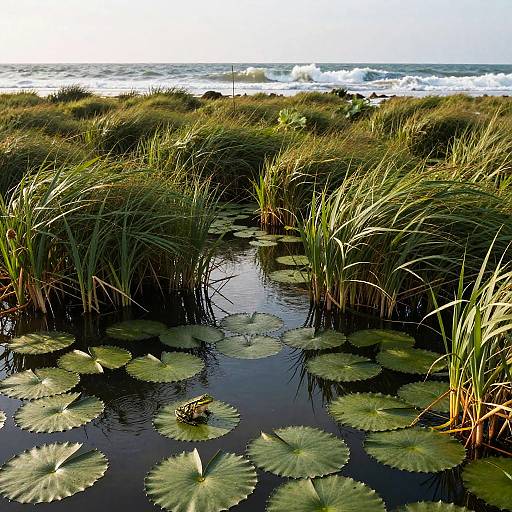 Photograph of a coastal wetland with tall green grasses, lily pads floating in a small pond, and waves crashing in the background under a