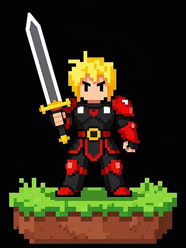 Pixel art of a blonde knight with a sword, black and red armor, standing on a grassy island against a black background.