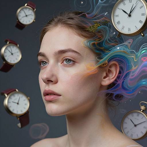 Digital art of a fair-skinned woman with blue eyes, brown hair, and colorful smoke tendrils, surrounded by floating clocks.