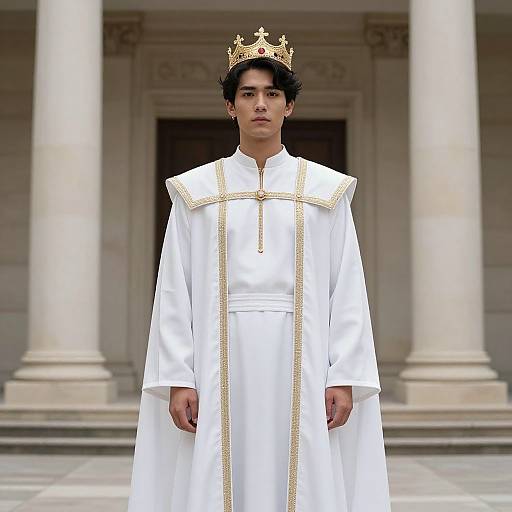 Photograph of a young man with dark hair, wearing a white, gold-embroidered robe and gold crown, standing in front of a classical