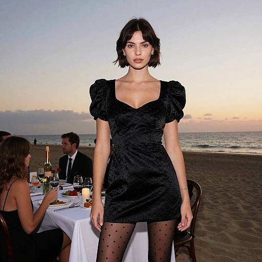 Photograph: Dark-haired woman in black, short-sleeved velvet dress and polka-dot tights stands confidently at sunset beach dinner table.