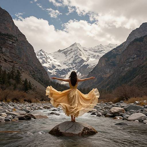 Photograph of a woman with long brown hair, wearing a flowing beige dress, standing on a rock in a mountain river valley, arms outstretched